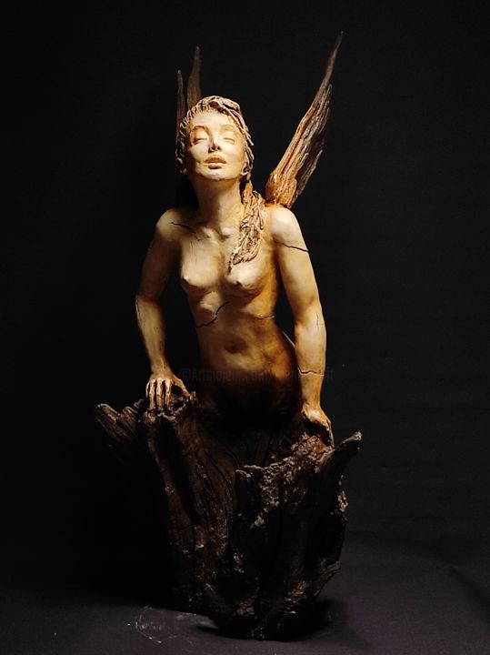"The birth of an Angel " Unique clay and wood sculpture 雕塑, 38.6x19.3 in