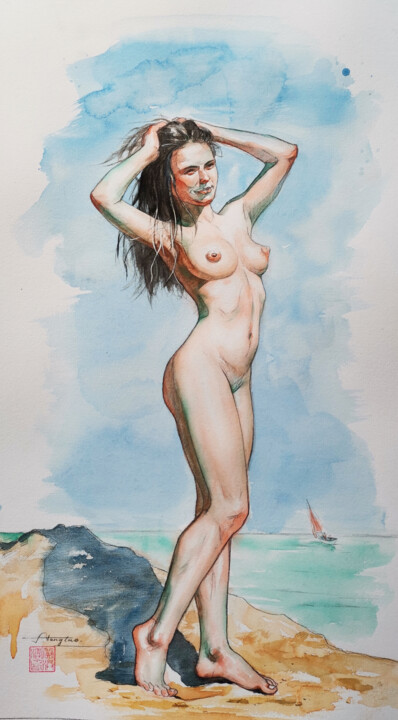 watercolour painting Female nude #21130 绘画, 14.6x7.9 in