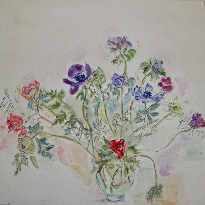 Peinture intitulée "Anémones, anémones" par Catherine Claude, Œuvre d'art originale, Aquarelle Monté sur Carton