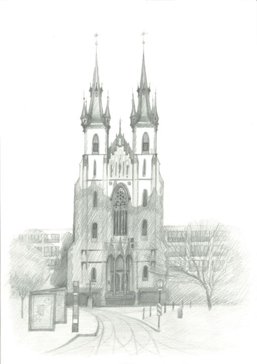 Church of St. Anthony of Padua, Prague Drawing, 16.5x11.7 in
