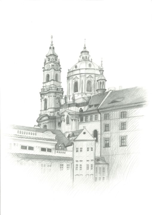 St. Nicholas Church, Prague Drawing, 16.5x11.7 in