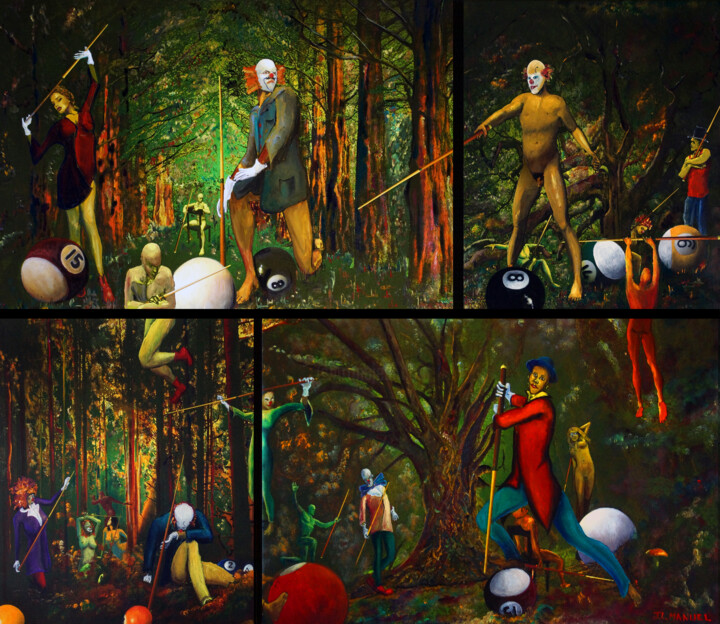 Painting titled "Petit Billard dans…" by Jean-Louis Manuel, Original Artwork, Oil Mounted on Wood Stretcher frame