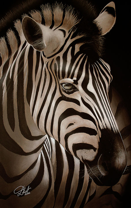 Painting titled "le zèbre ocre" by Emmanuel Diot, Original Artwork, Acrylic Mounted on Metal