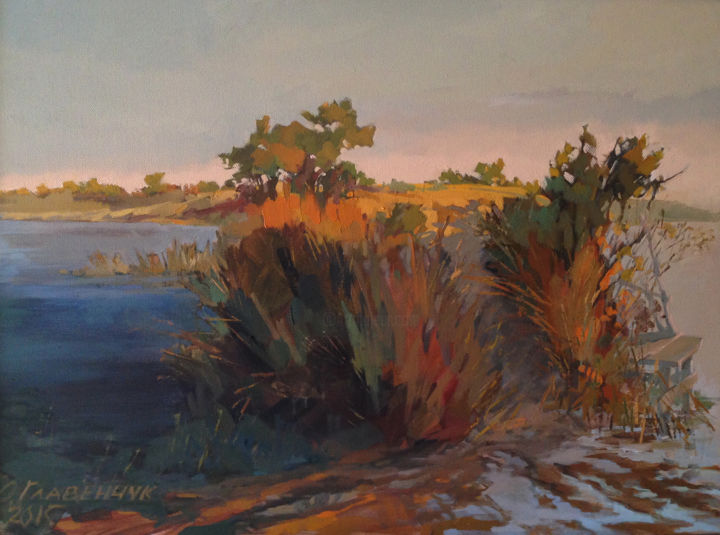 Schilderij getiteld "Old dam" door Elena Hlavenchuk, Origineel Kunstwerk, Olie Gemonteerd op Frame voor houten brancard