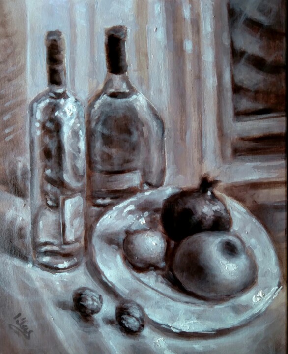 Still life by the window. Monochrome painting 绘画, 20x16 in
