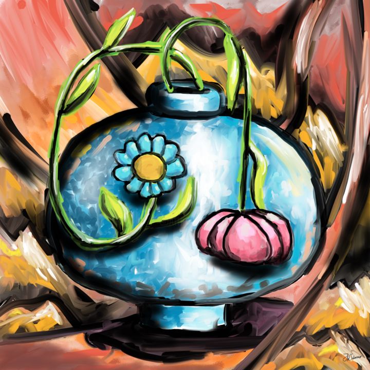 Arts numériques intitulée "Vaso Azul com Flores" par J.W. Sidonio, Œuvre d'art originale, Peinture numérique