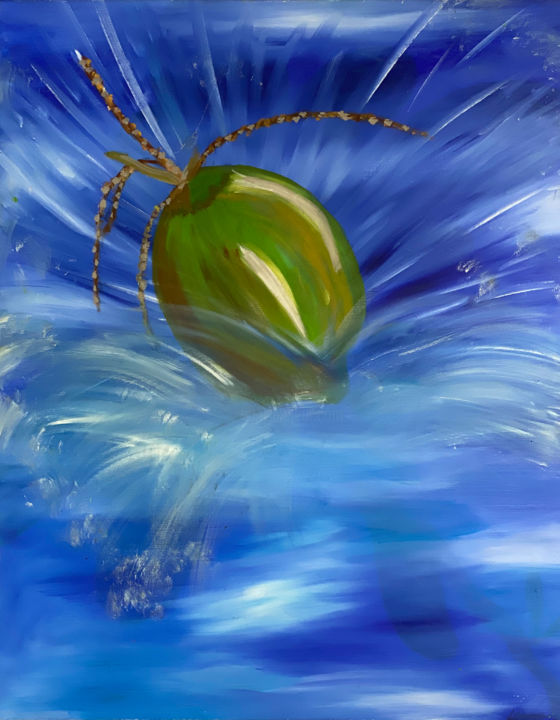 Painting titled "Coco dans l’eau" by Laurence Linsenmaier, Original Artwork, Oil Mounted on Wood Stretcher frame