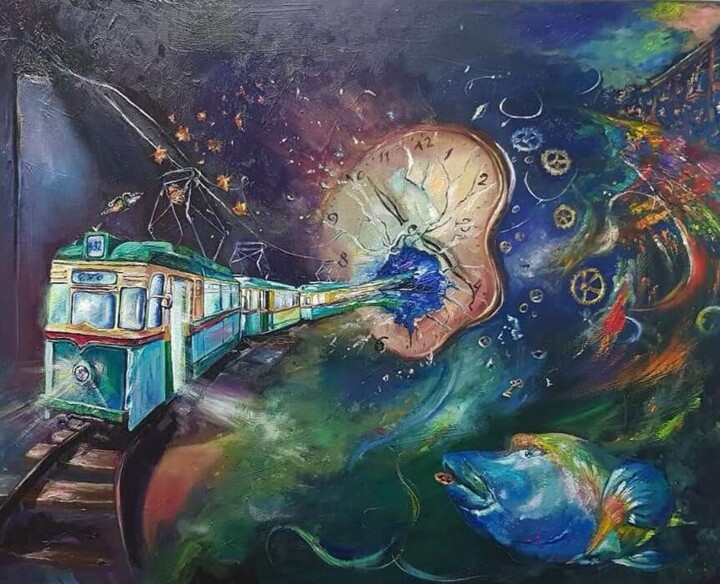 "Green train" 绘画, 23.6x31.5 in