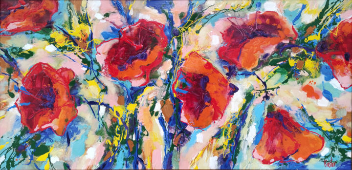 Schilderij getiteld "Poppies" door Krum Kostov, Origineel Kunstwerk, Acryl Gemonteerd op Frame voor houten brancard