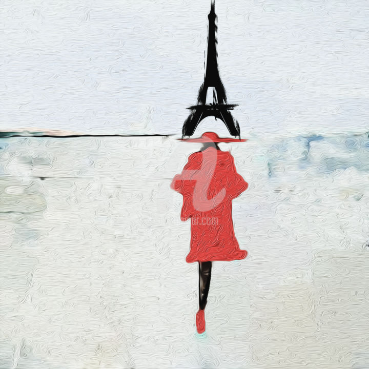Silhouettes of women in red on the background of Paris. 绘画