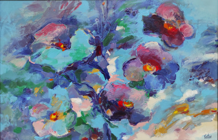 Schilderij getiteld "Violets" door Krum Kostov, Origineel Kunstwerk, Acryl Gemonteerd op Frame voor houten brancard