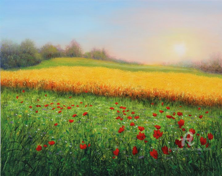 Pintura intitulada "Wheat field in summ…" por Ludmilla Ukrow, Obras de arte originais, Óleo Montado em Painel de madeira