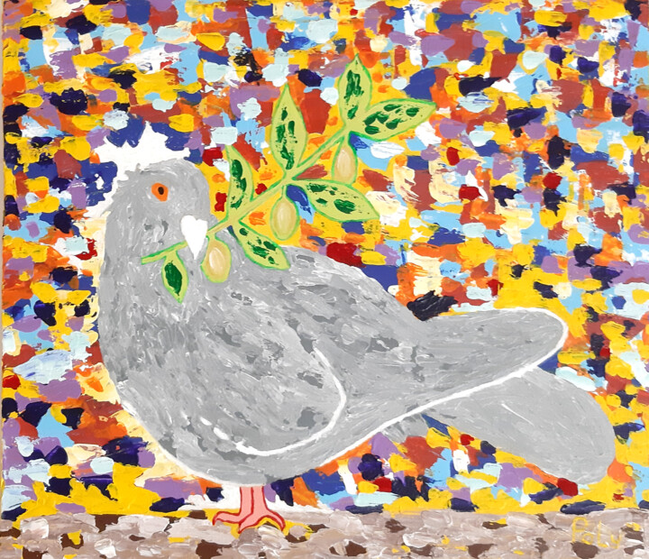 Pigeon with an olive branch (based on the Bible Easter gift) 绘画, 15.4x17.3 in