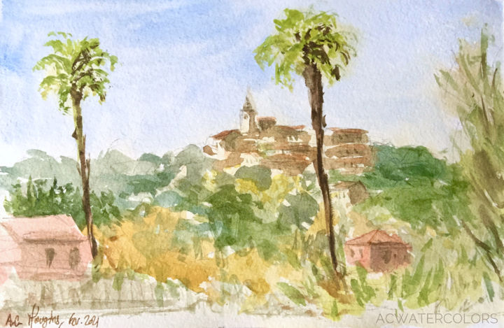 Village de Mougins, Provence, Watercolor, 12x20cm 绘画, 4.7x7.9 in