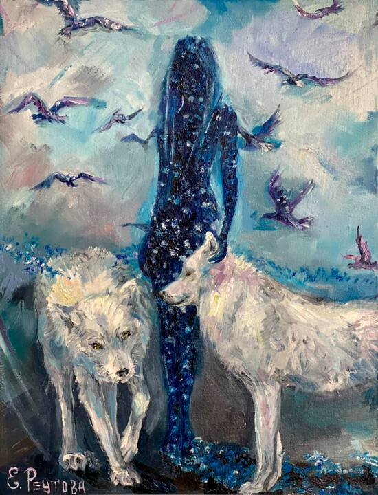A star couple. White wolves and the girl cosmos. 绘画, 15.8x11.8 in