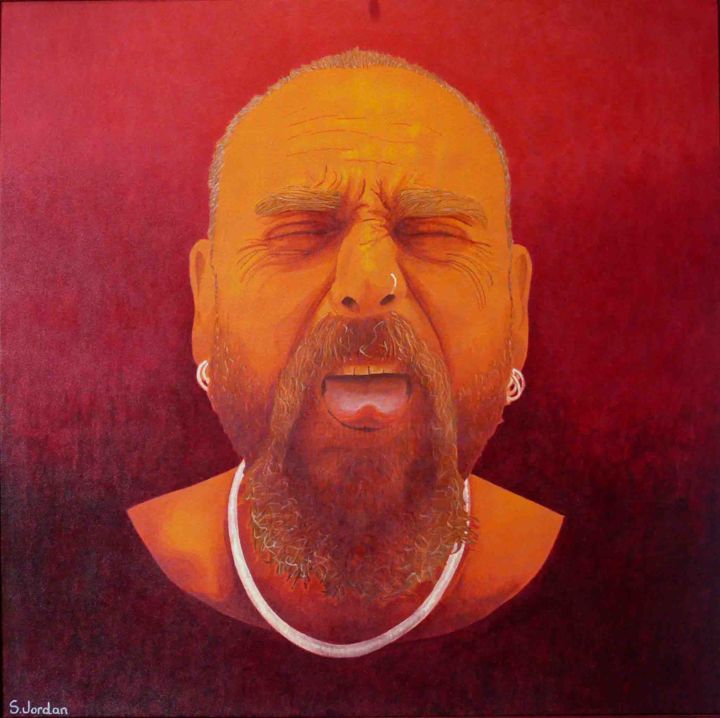Painting titled "Red Pedestal Head" by Steve Jordan, Original Artwork, Acrylic Mounted on Wood Stretcher frame