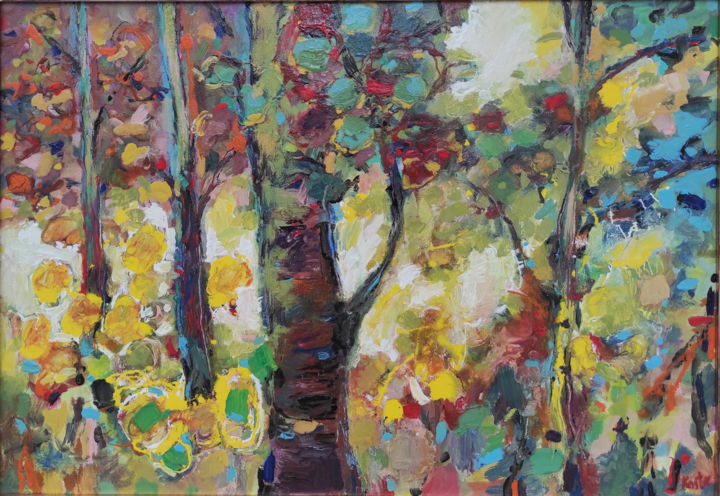 Schilderij getiteld "Forest" door Krum Kostov, Origineel Kunstwerk, Acryl Gemonteerd op Frame voor houten brancard