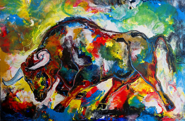 Angriff - Wandbild Wilder Stier Bulle bunt gemalt abstrakt 绘画, 31.5x47.2 in