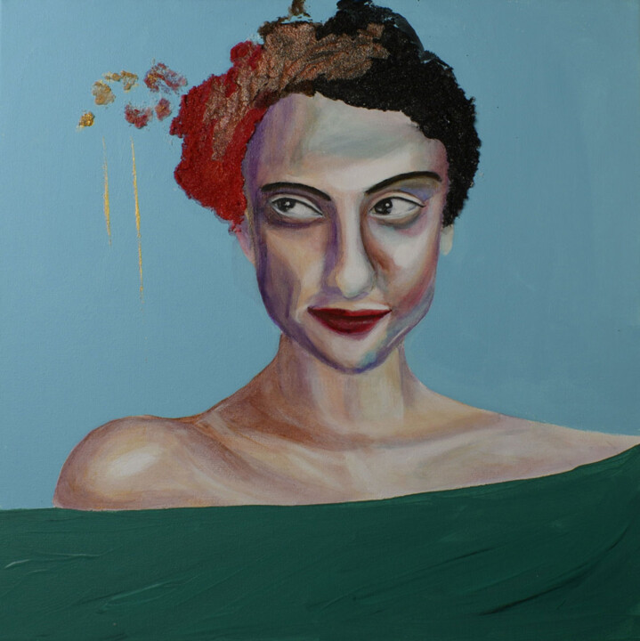 The woman wearing red flower 绘画, 15.8x15.8 in