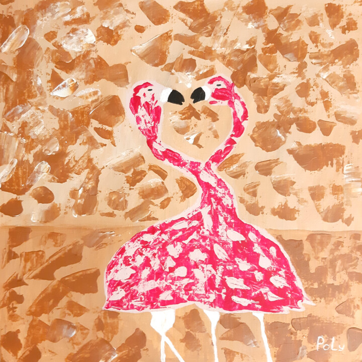 Flamingos in love (wild birds, happy art, wedding gift) 绘画, 15.8x15.8 in
