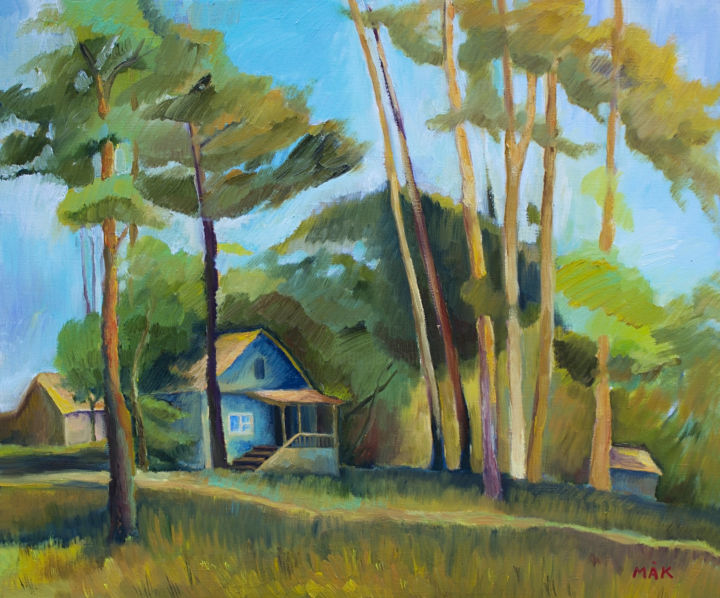 A House in the Woods-landscape oil painting with pine trees 绘画, 19.7x23.6 in
