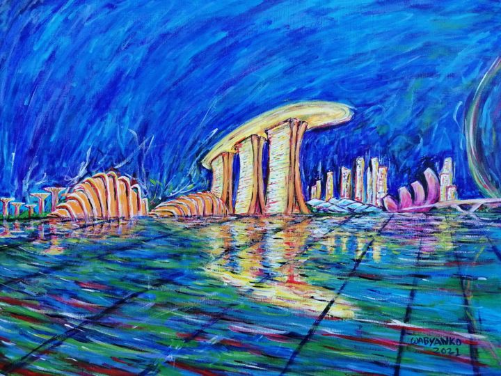 Singapore Marina Skyline 2021 绘画, 19.7x25.6 in
