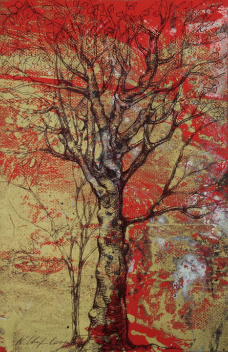 Autumn tree, Leonard de Vinci tribute Drawing, 13.8x9.1 in