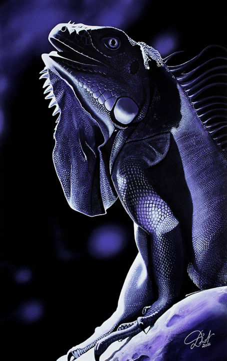 Painting titled "l'iguane violet" by Emmanuel Diot, Original Artwork, Acrylic Mounted on Metal