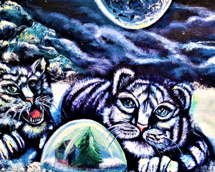 Cute Cat and planet painting Large Original Oil Painting ART 绘画, 25.6x38.6 in