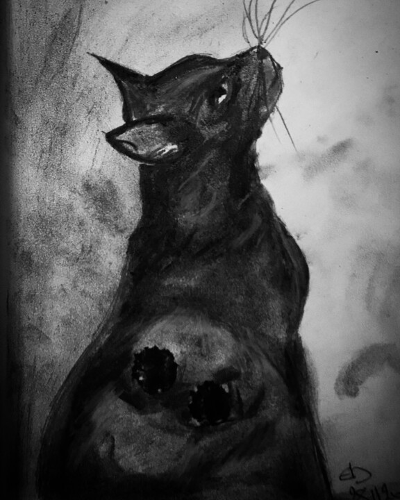 图画 标题为“Black cat staring o…” 由Els Devrieze, 原创艺术品, 木炭