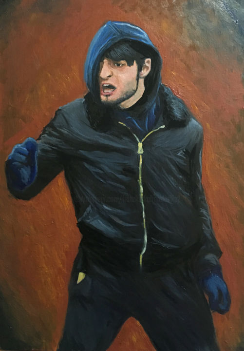 Painting titled "Chechen" by Ruslan Baysaev, Original Artwork, Oil Mounted on Cardboard