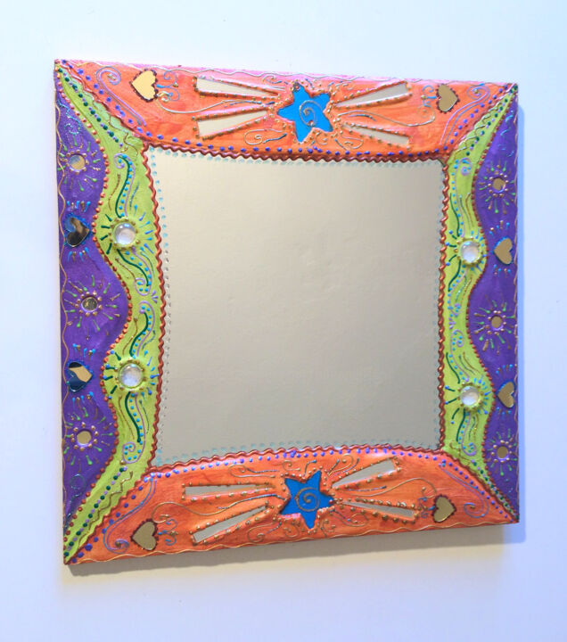 miroir mosaïque et peinture "bicolore" violet-étoiles bleues Design, 16.5x16.5 in