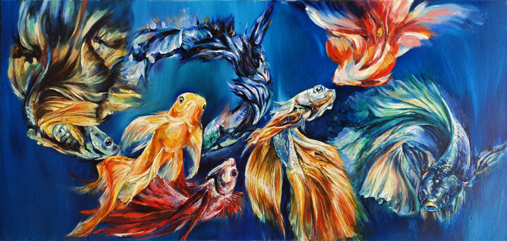 Siamese fighting fish 绘画, 17.7x37.4 in