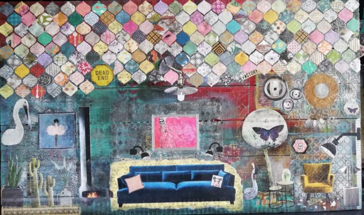 Peinture intitulée "Le salon au chaud" par Véronique Porhet-Géraud, Œuvre d'art originale, Collages