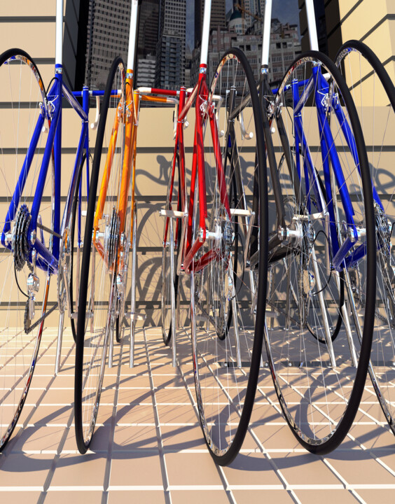 제목이 "BICICLETAS ECUALIZA…"인 디지털 아트 Juan Aguirre로, 원작, 3D 모델링 목재 패널에 장착됨