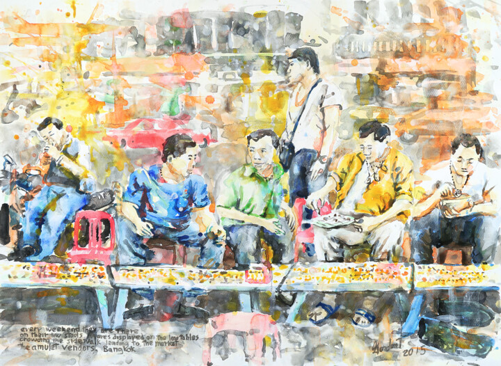 Amulet Vendors, Bangkok 绘画, 22x30 in