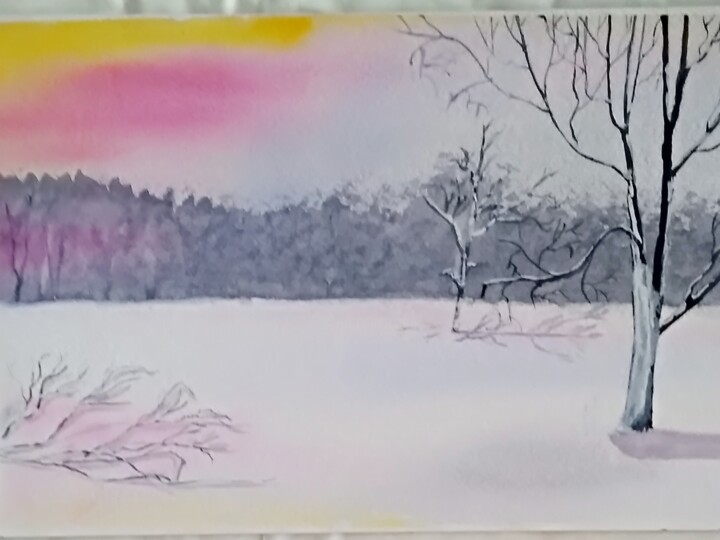 Painting titled "Зима. Дерево" by Anna Rogotneva, Original Artwork, Watercolor