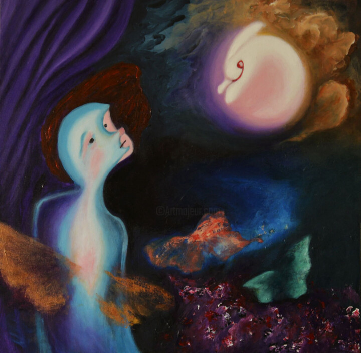 My Childhood And Moon 绘画, 23.6x23.6 in