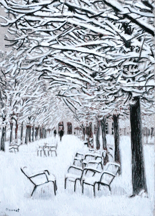 Paris sous la neige - Jardin du Palais Royal 2/2 图画, 7.1x5.1 in