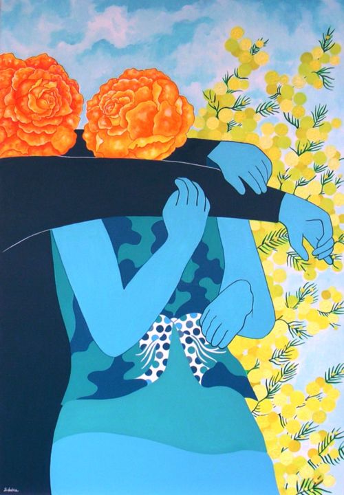 Peinture intitulée "Près du mimosa en f…" par Jocelyne Deschamps-Kus, Œuvre d'art originale, Acrylique Monté sur Châssis en…