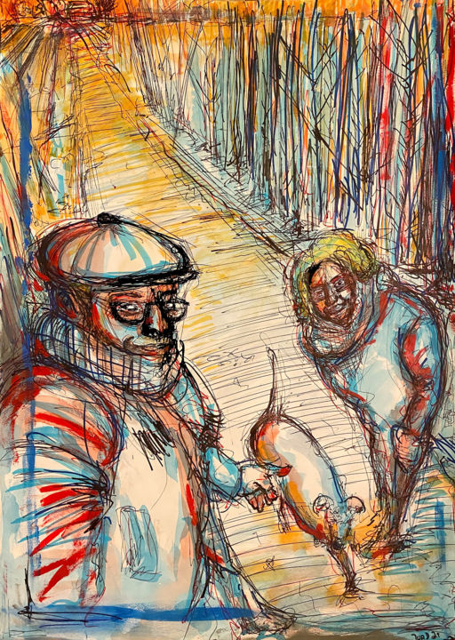 Painting titled "Balade enneigée" by Julien Adans (JuAD), Original Artwork, Watercolor