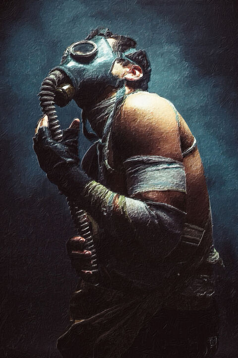 Gas Mask Man Doomsday Cyber Goth Steampunk Retro 绘画, 24x16 in