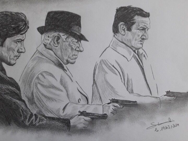 Portrait d'Alain Delon, Jean Gabin et Lino Ventura réalisé a 图画, 11.7x16.5 in