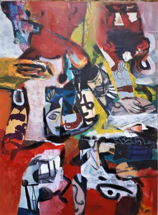 Painting titled "Transe avec jaune" by Ludovic Grosset, Original Artwork, Acrylic Mounted on Wood Panel