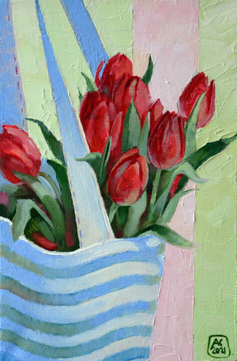 Peinture intitulée "RED TULIPS IN A BAG" par Alexandra Sergeeva, Œuvre d'art originale, Huile