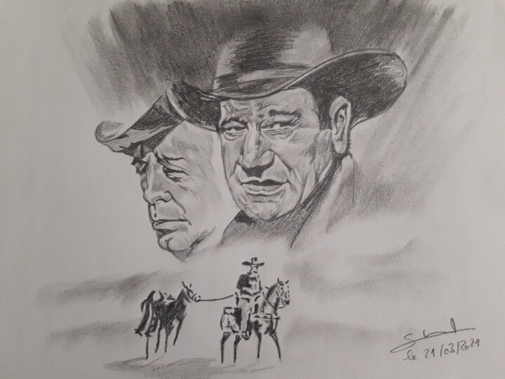 Portrait de John Wayne et Robert Mitchum réalisé au crayon 图画, 11.7x16.5 in