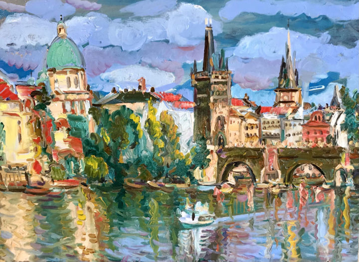 PRAGUE - landscape art, original oil painting, architecture 绘画, 23.6x31.5 in