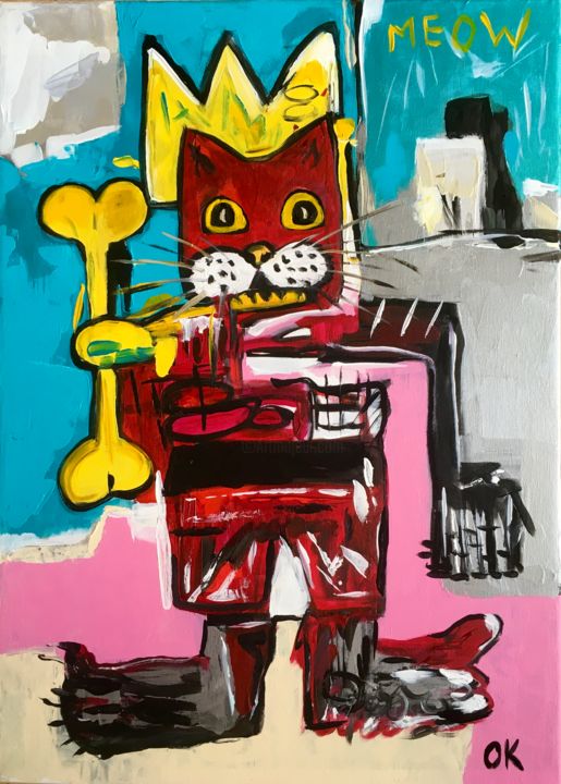 KING RED CAT TROY IN A CROWN ( 71X 51CM, 28 X 20 IN, 绘画, 28x20.1 in