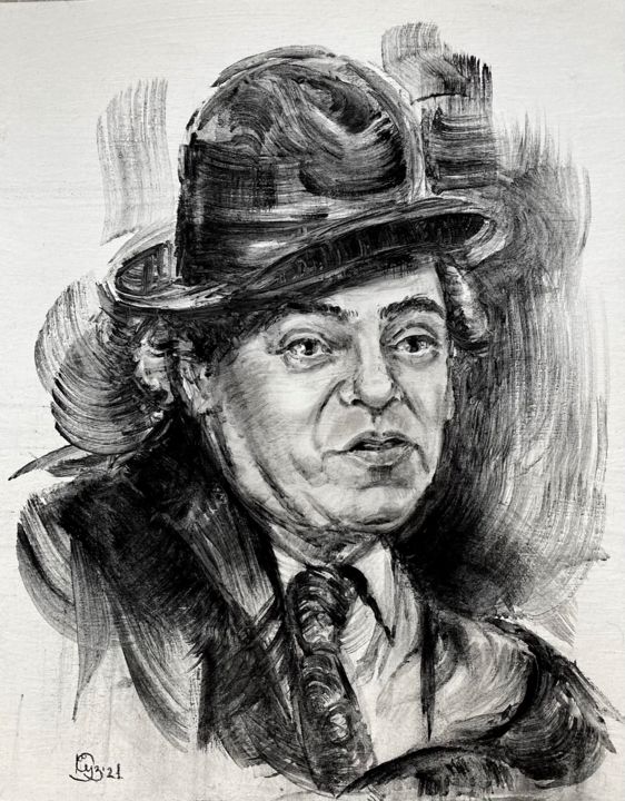 Tekening getiteld "Аркадий Райкин" door Svetlana Kuzina (Skuz), Origineel Kunstwerk, Houtskool Gemonteerd op Karton
