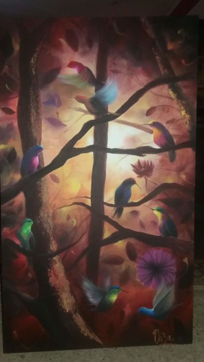 Painting titled "Aves" by David Daza, Original Artwork, Acrylic Mounted on Wood Panel